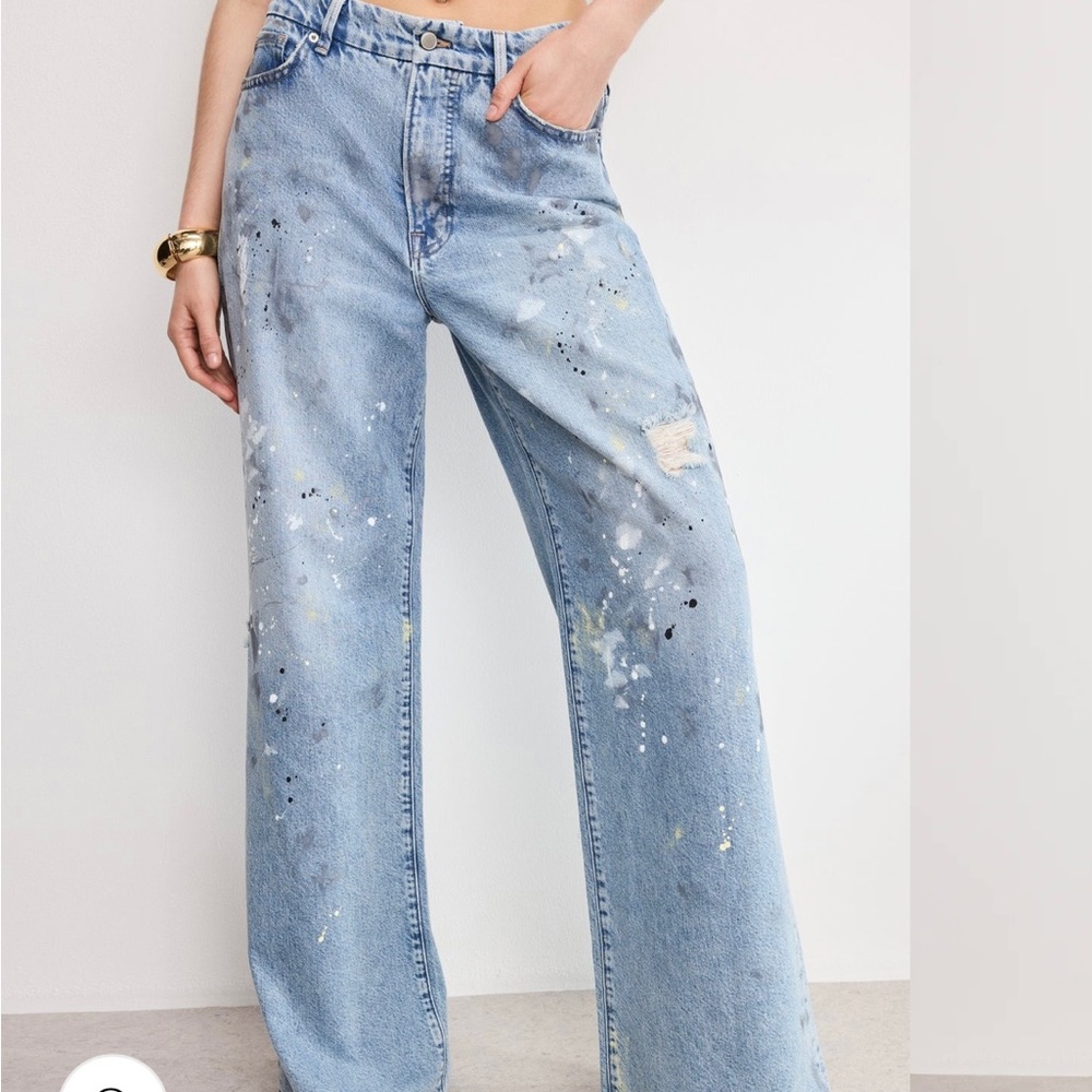 Good American Light Blue Splatter Wide Leg Jeans